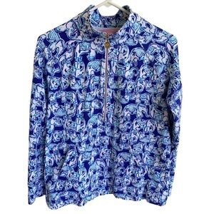 Lilly Pulitzer Blue Elephant Print Half Zip Pullover Get Trunky Women’s Size M